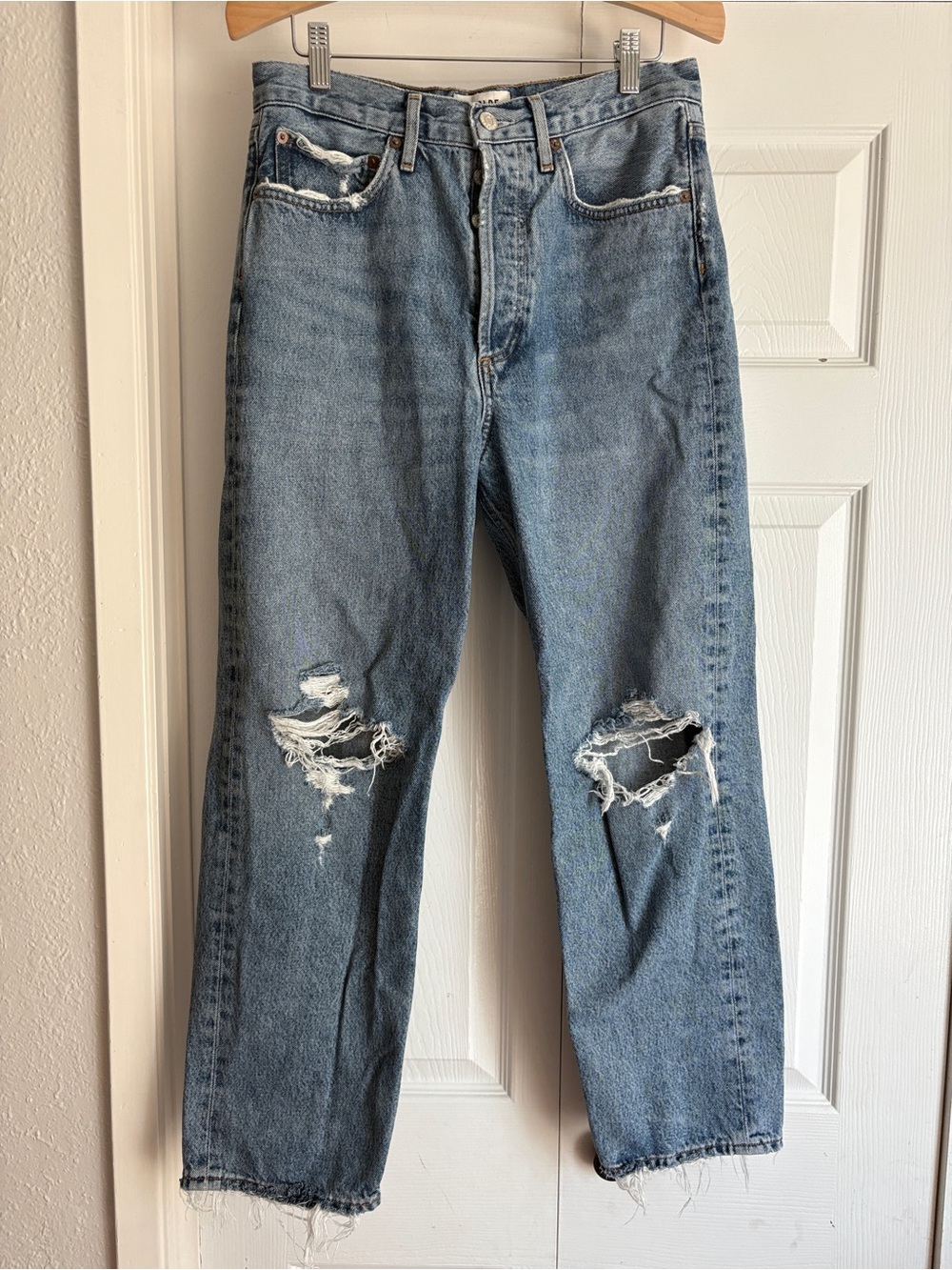 AGOLDE 90s Pinch Waist High Rise Straight Jeans Size 26 Distressed Busted Knee